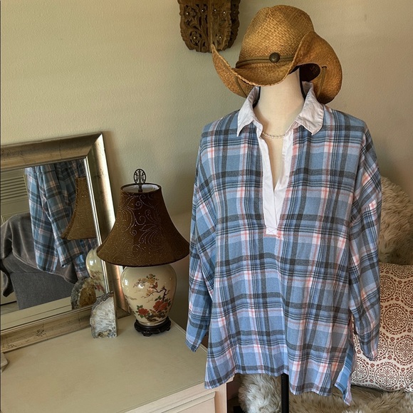 FP Sunday morning, sleep shirt, light blue flannel pop over polo collared top S - Picture 2 of 15